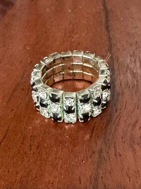 Silver-Tone Black Crystal Accent  Stretch Ring - Women Jewelry-size-OS